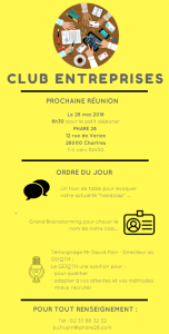 Invitation à la réunion du club entreprises le 28 mai à 8H30 à PHARE 28 12 rue de Varize à Chartres Ordre du jour Présentation du GEIQTH